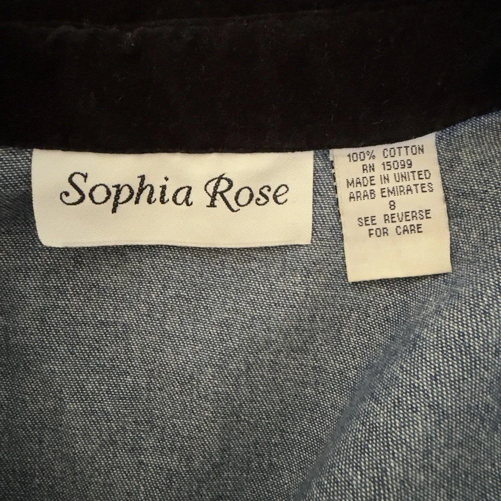 VTG Sophia Rose Denim Dress Size 8 Velvet Trim Blue Embroidered Coffee Friends
